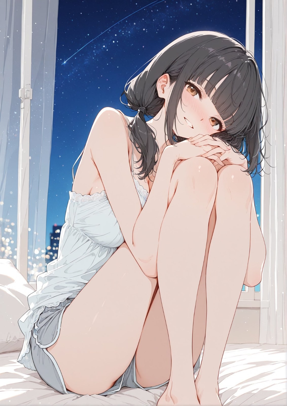 Black-haired girl in white lace camisole sits on bed smiling at camera