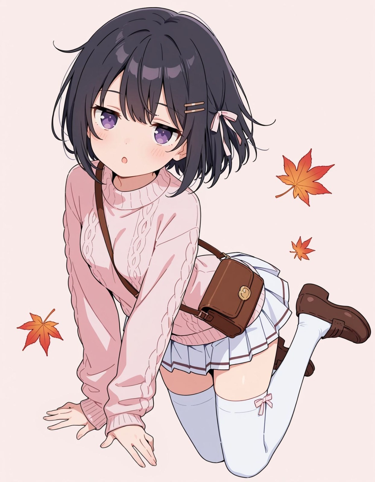 Anime girl in pink sweater and pleated skirt with maple leaves
