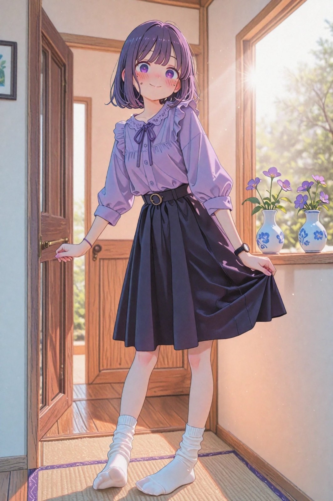 紫色短发少女穿淡紫褶边衬衫与深色百褶长裙站在木质玄关