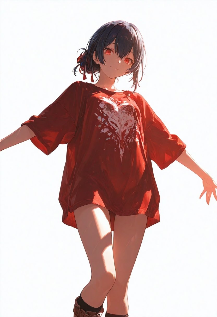 Fille anime aux cheveux noirs et yeux rouges en t-shirt rouge imprimé, bottes et chaussettes noires
