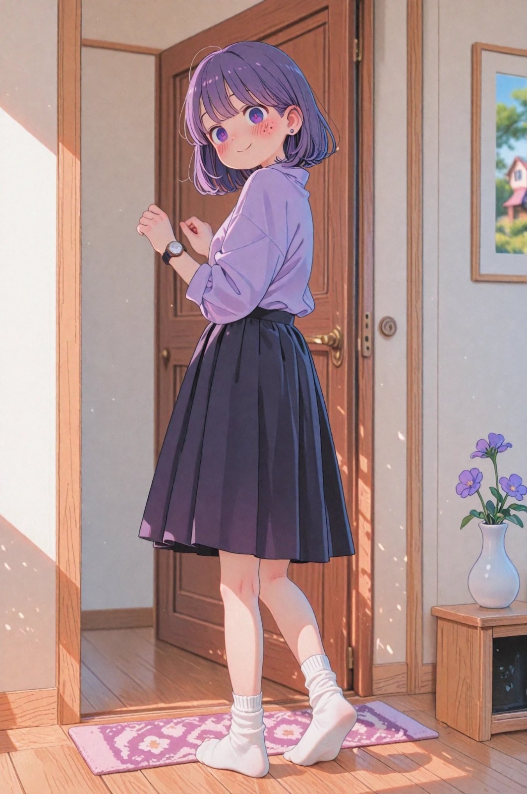 紫发紫瞳动漫少女在玄关回眸微笑