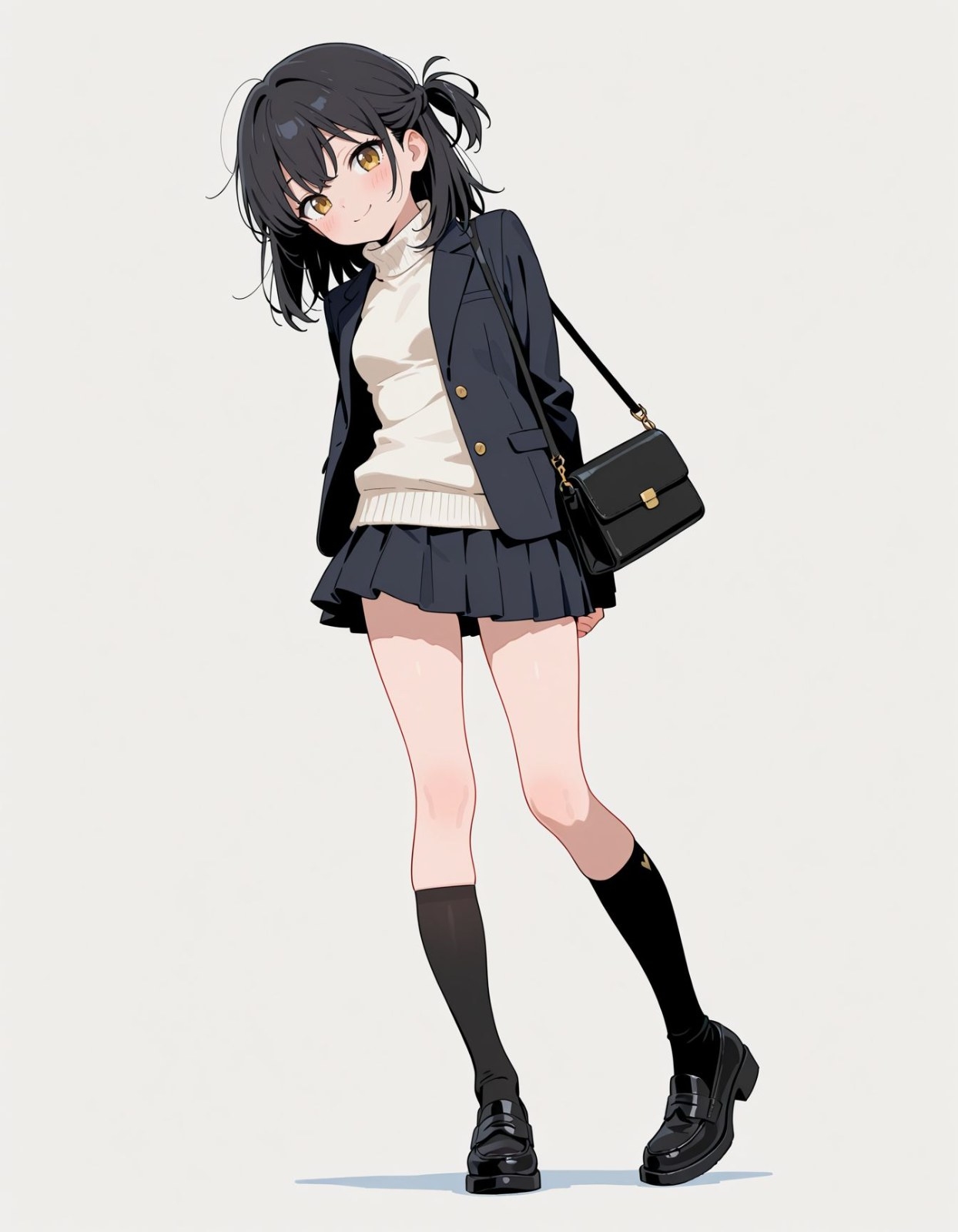 Black-haired golden-eyed anime girl wears ivory turtleneck navy blazer pleated skirt and black loafers