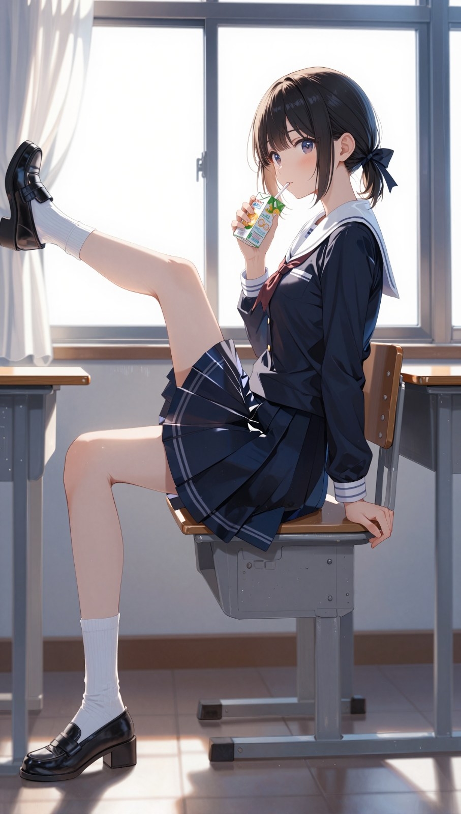 紺色セーラー服の少女が教室で椅子に座りパック飲料を飲み足を机に乗せる