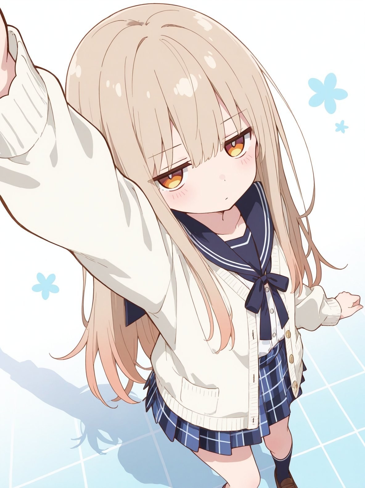 An anime girl with light beige long hair is taking a selfie wearing a deep blue sailor outfit and a blue and white checkered skirt