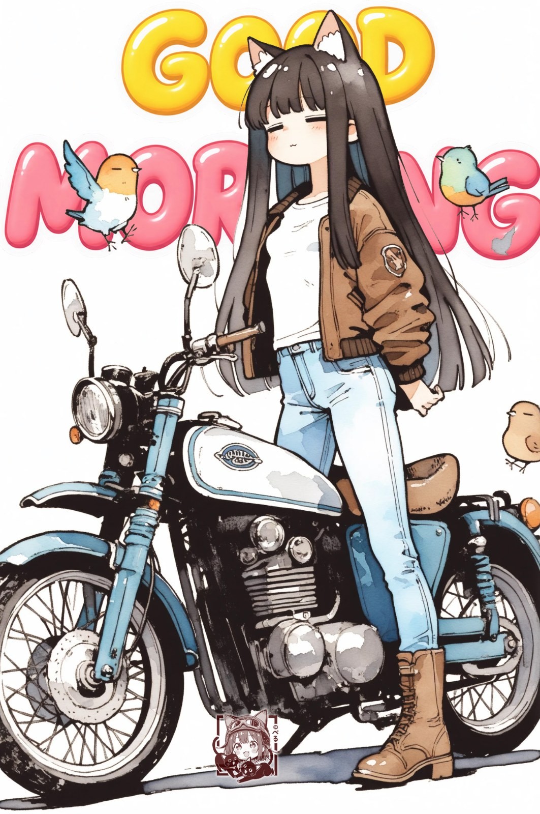 一位黑長直少女身穿短外套和牛仔褲靠在復古摩托車旁
