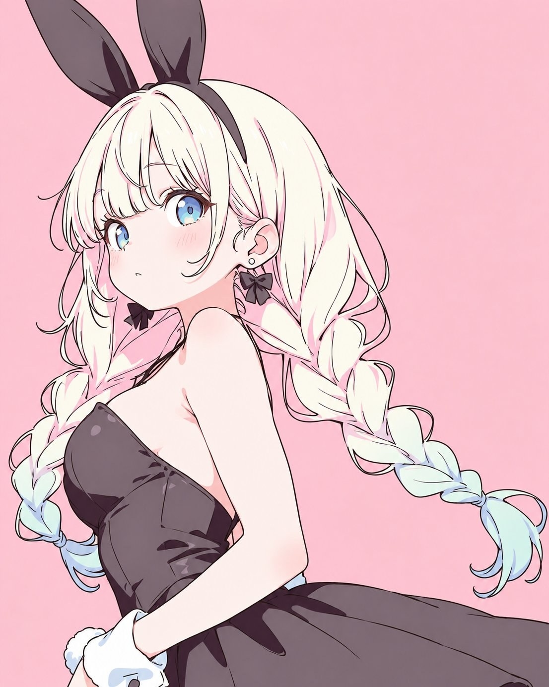 White-haired girl wears black glossy bodysuit and bunny ear headband