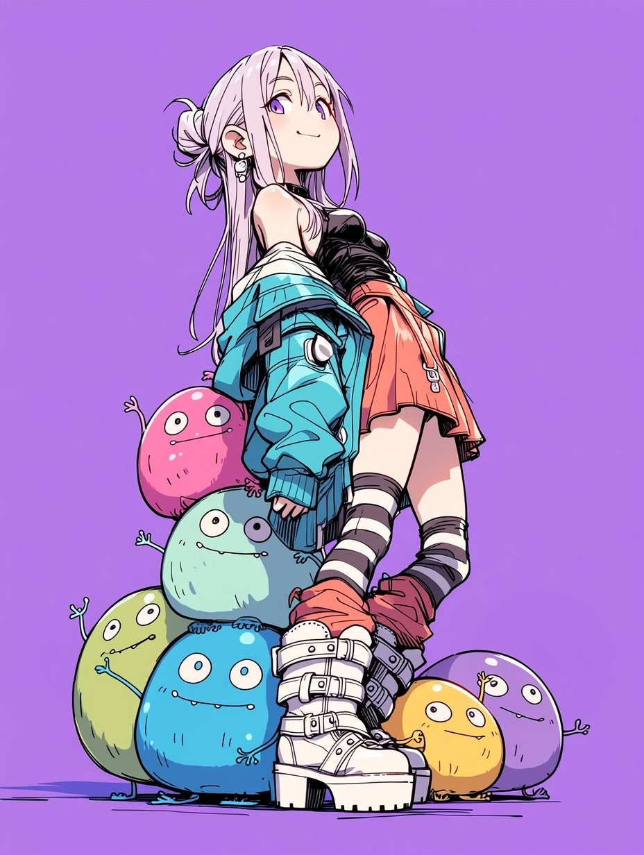 Pink-purple haired anime girl in black off-shoulder top blue jacket orange skirt with colorful creatures