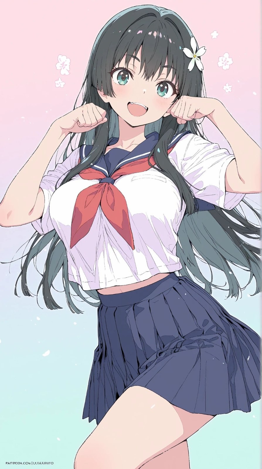 黑发绿瞳动漫少女穿水手服配樱花背景