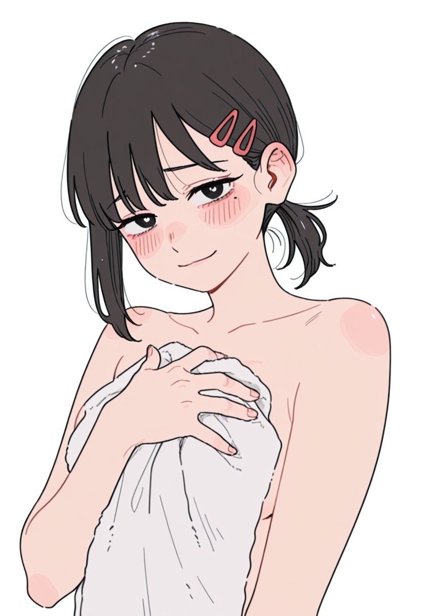 Chica anime de pelo negro corto sonríe tímidamente con tela blanca en el pecho