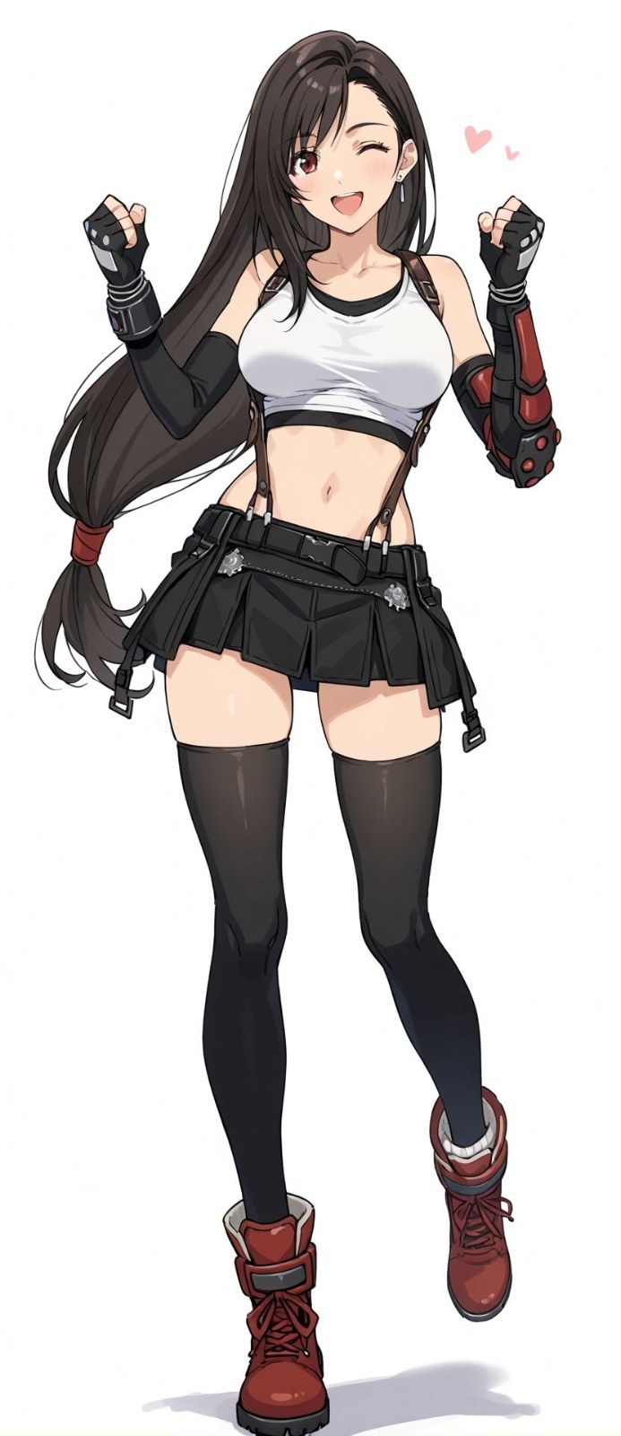 黑色长马尾女性穿白色露脐背心和黑色短裙 wink 微笑