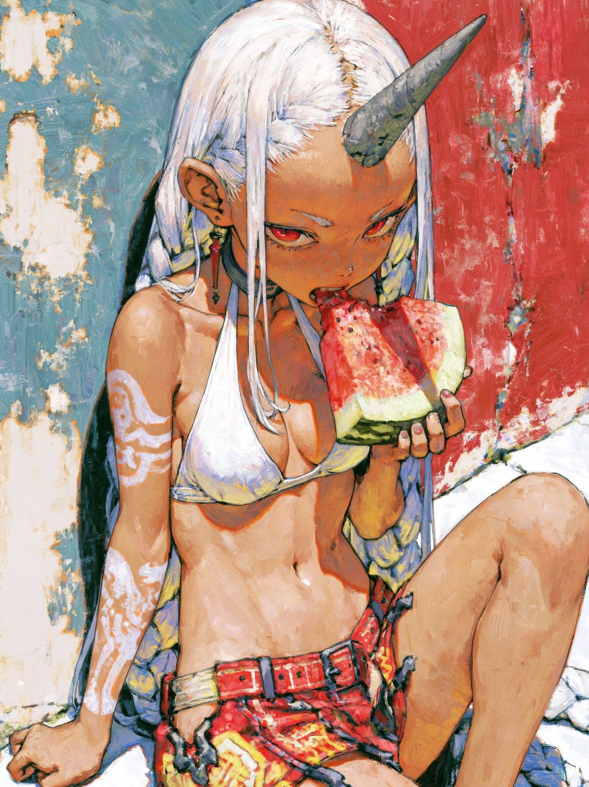 A dark-skinned unicorn woman sits in front of a colorful wall wearing a white bikini and red shorts holding a watermelon