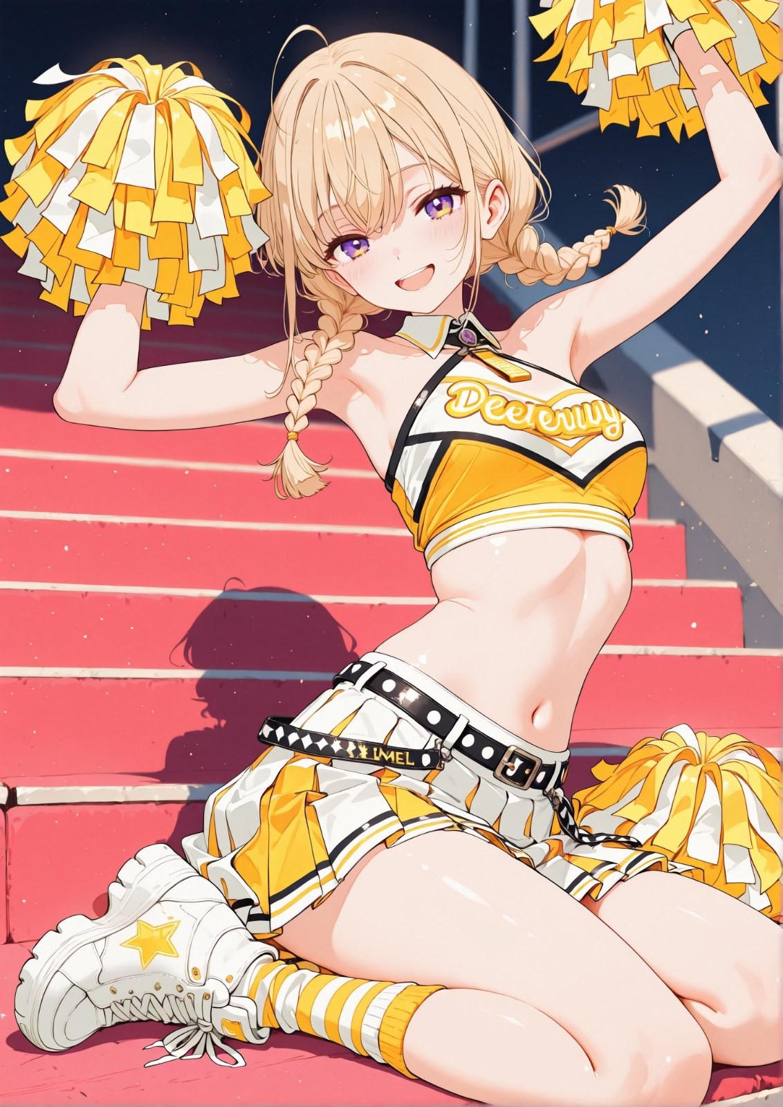 Blonde twin-braid girl in yellow-white cheerleader outfit sitting on red steps holding pom-poms