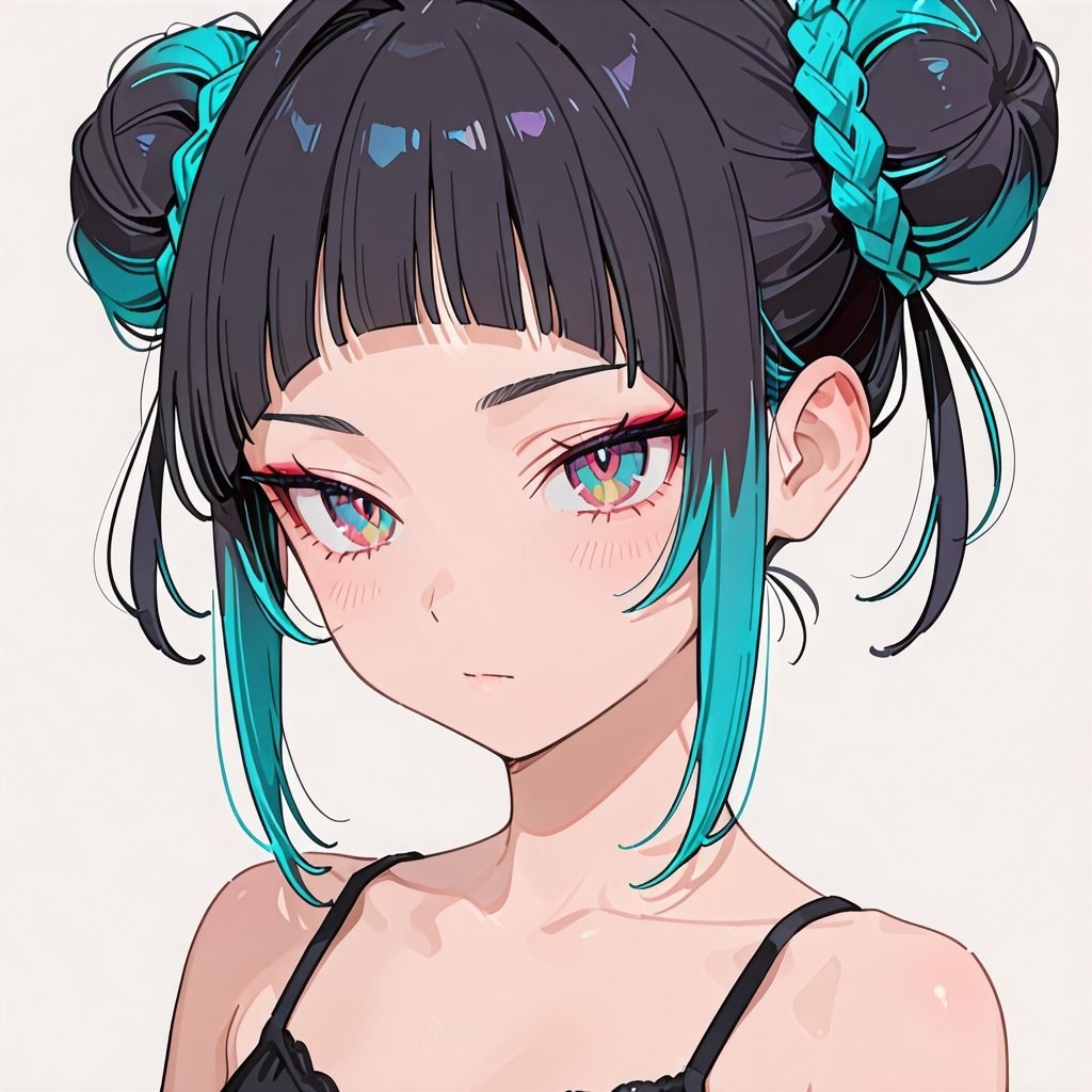 Chica anime con moños dobles y trenzas verde azulado en primer plano