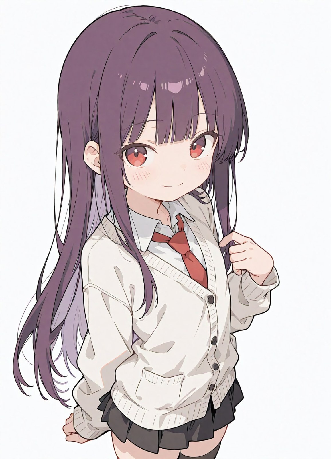 Garota anime de cabelo roxo e olhos vermelhos veste camisa branca gravata vermelha cardigã bege saia plissada preta