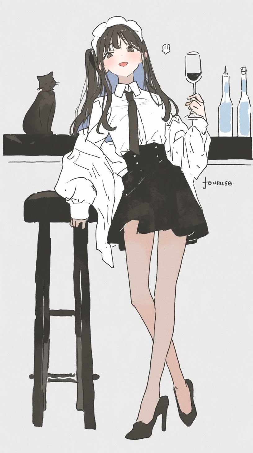 Femme en tenue de maid tenant du vin au bar