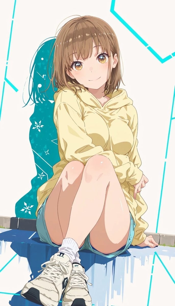 Anime-Mädchen mit braunen Haaren in gelbem Hoodie und Jeansshorts sitzt lächelnd