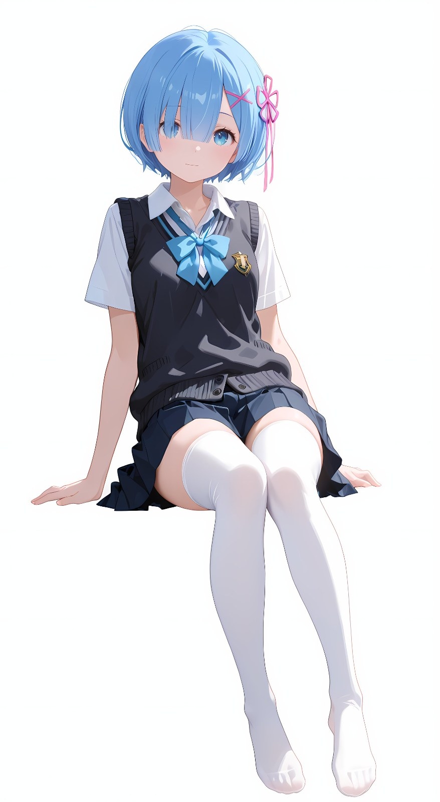 青髪の少女が白シャツ黒ベストプリーツスカート着用