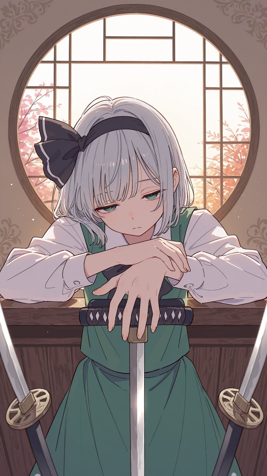 銀髮綠瞳少女穿白襯衫綠吊帶裙托腮扶刀