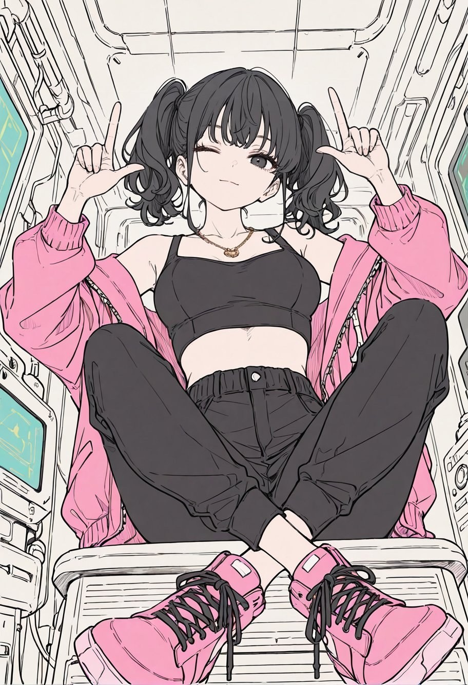 Fille aux cheveux noirs et couettes en tenue de sport rose et noire assise dans un cockpit de science-fiction
