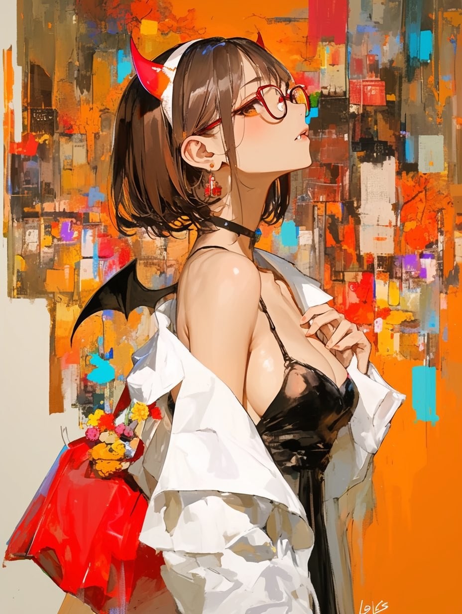 短髪の女性が悪魔の角と翼をつけ、黒いレースのキャミソールと白いシャツを着て、抽象的な都市油画の背景に立つ