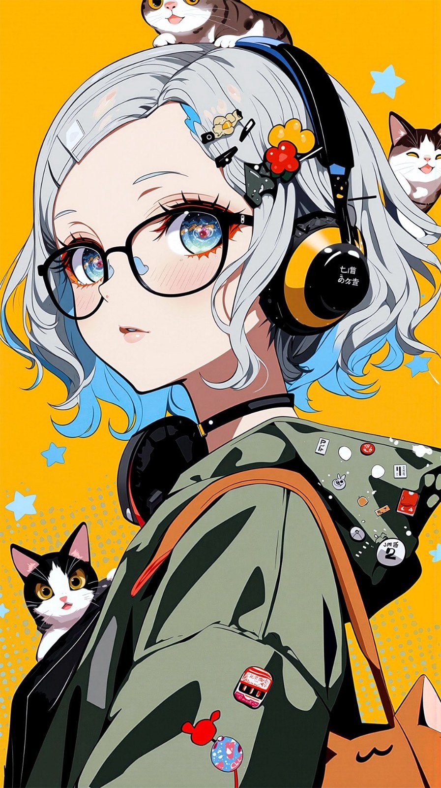 A girl wearing headphones and black-frame glasses in a military-green jacket features various cat elements