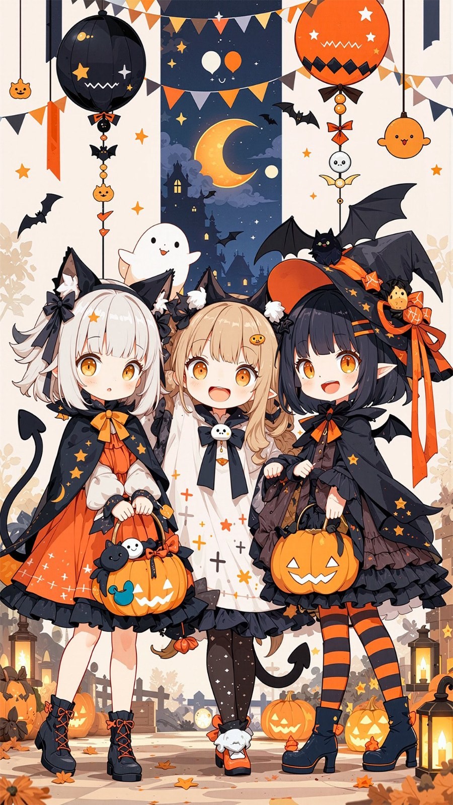 三人の女の子がハロウィンの衣装を着てジャック・オー・ランタンのバケットを持っています