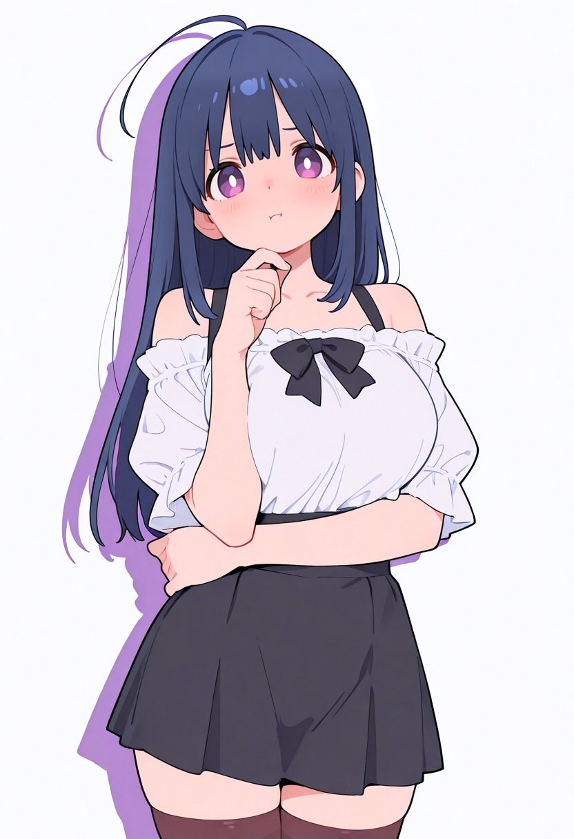 Anime-style female character wearing a white off-shoulder top and black mini skirt, with deep blue hair highlighted in purple and purple eyes showing a confused expression