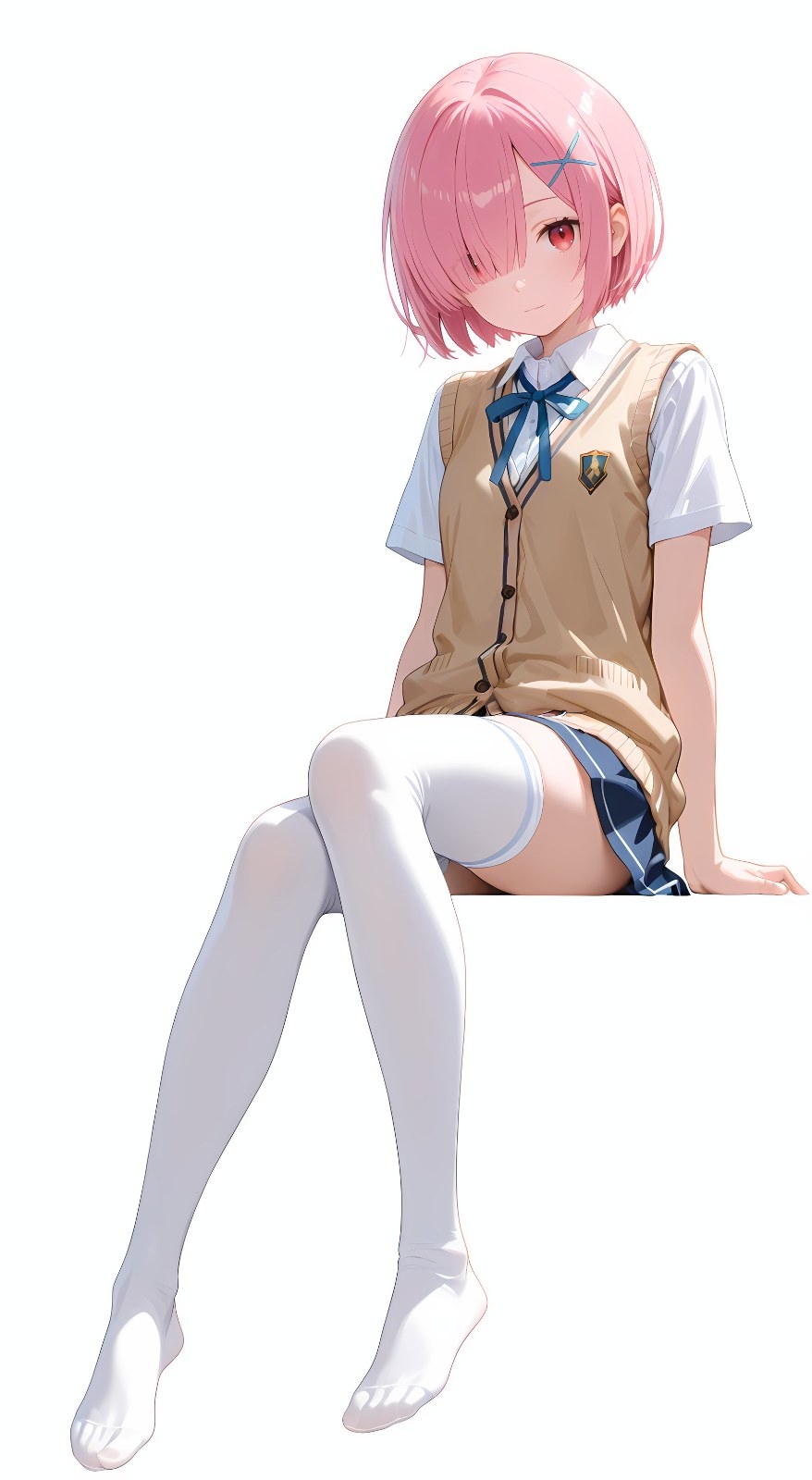ピンク髪の少女が白シャツとカーキベスト、チェックスカートで白い台に座る