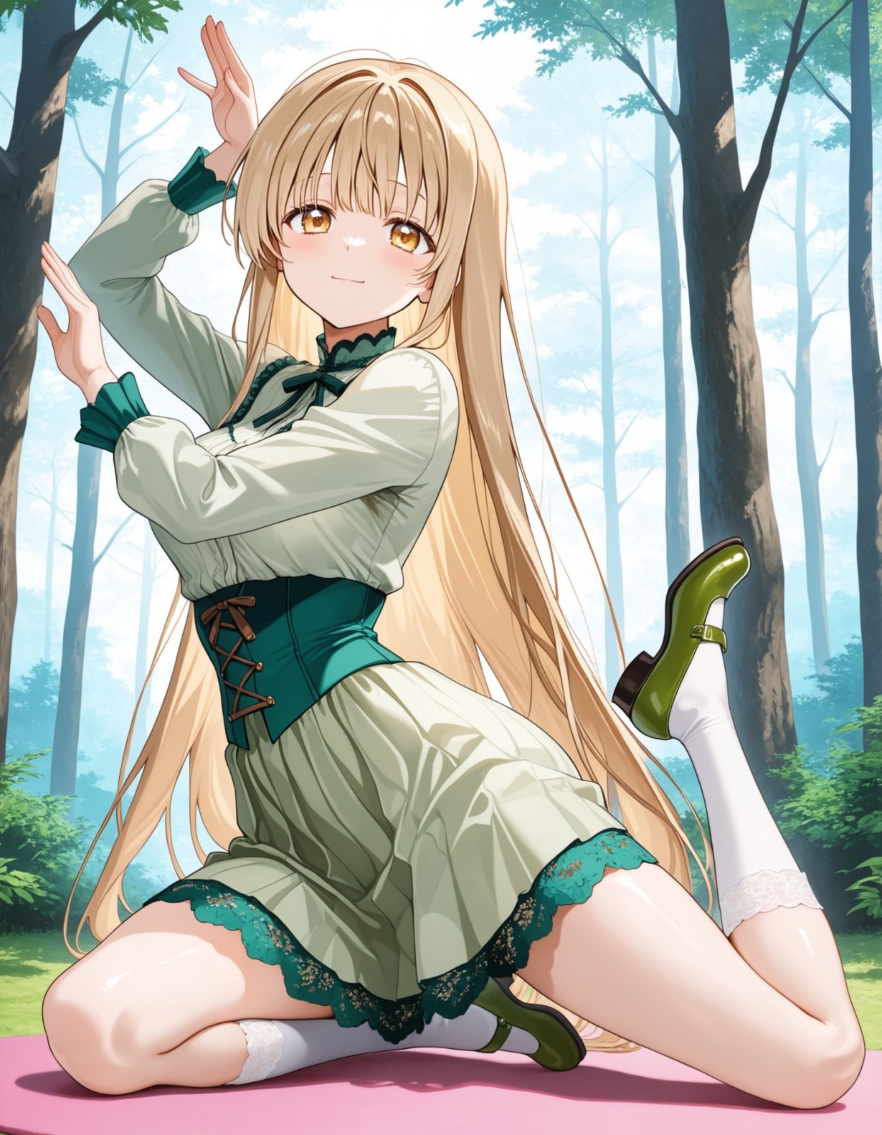 A blonde girl kneels on a pink mat in the forest wearing a light green dress