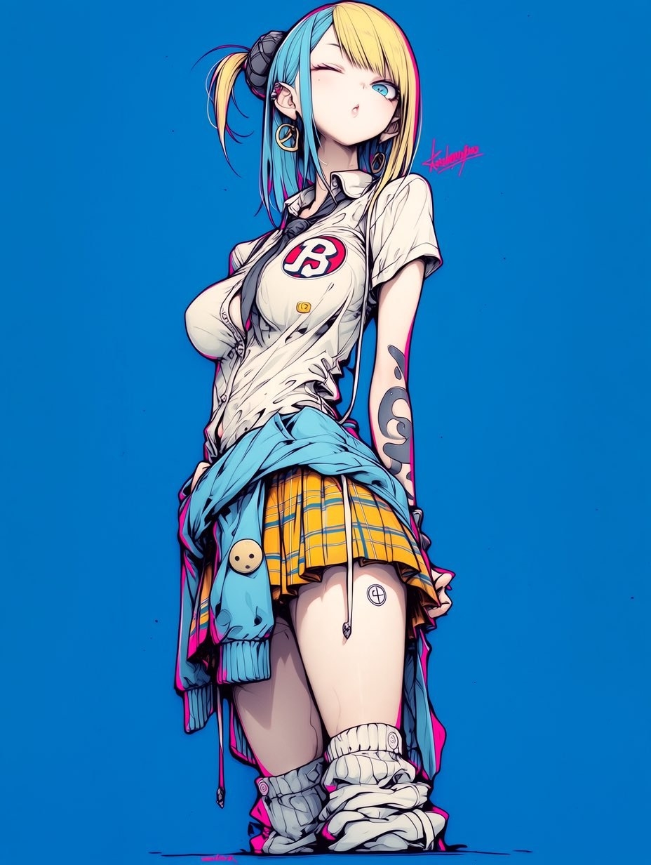 一位二次元風格的少女穿著時尚的街頭服飾