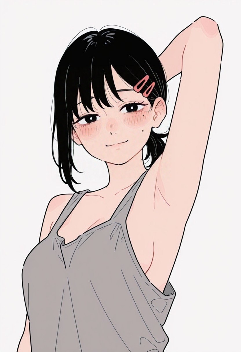 黑色短发女性穿灰色吊带背心抬手露腋