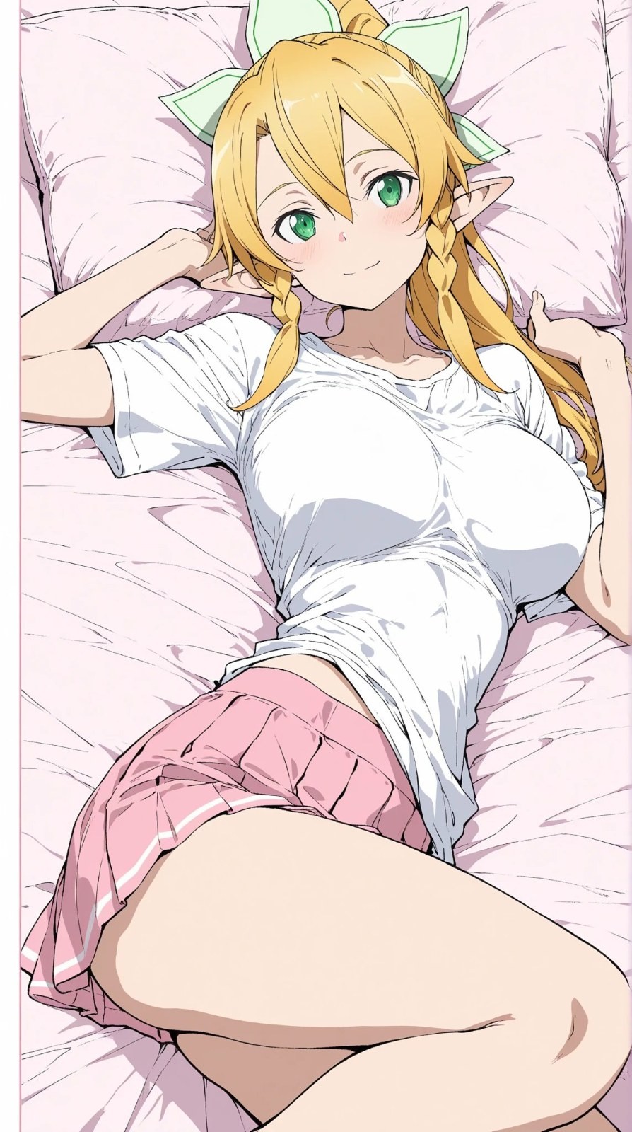 Blonde elf-eared girl in white tee and pink plaid pleated skirt lies on pink bed