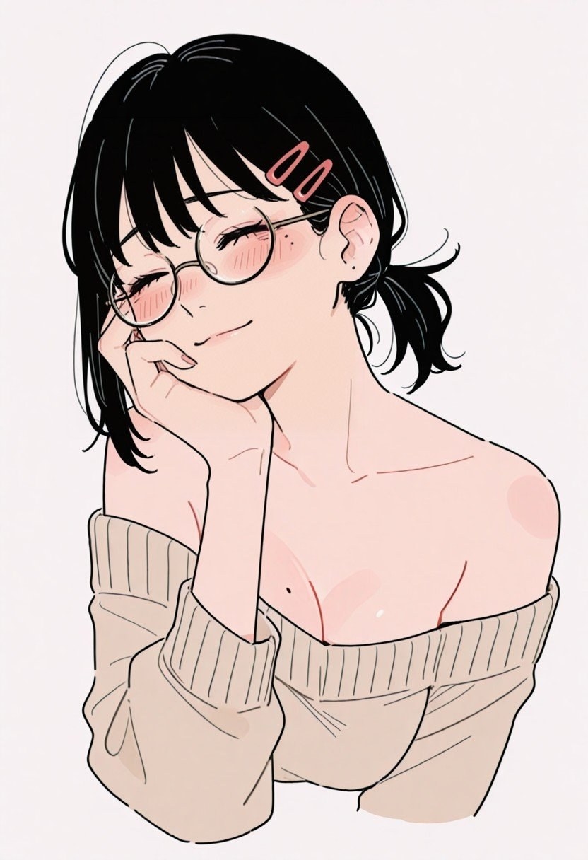 검은 단발 낮은 포니테일 여성이 오프숄더 베이지 스웨터를 입고 턱을 괴다