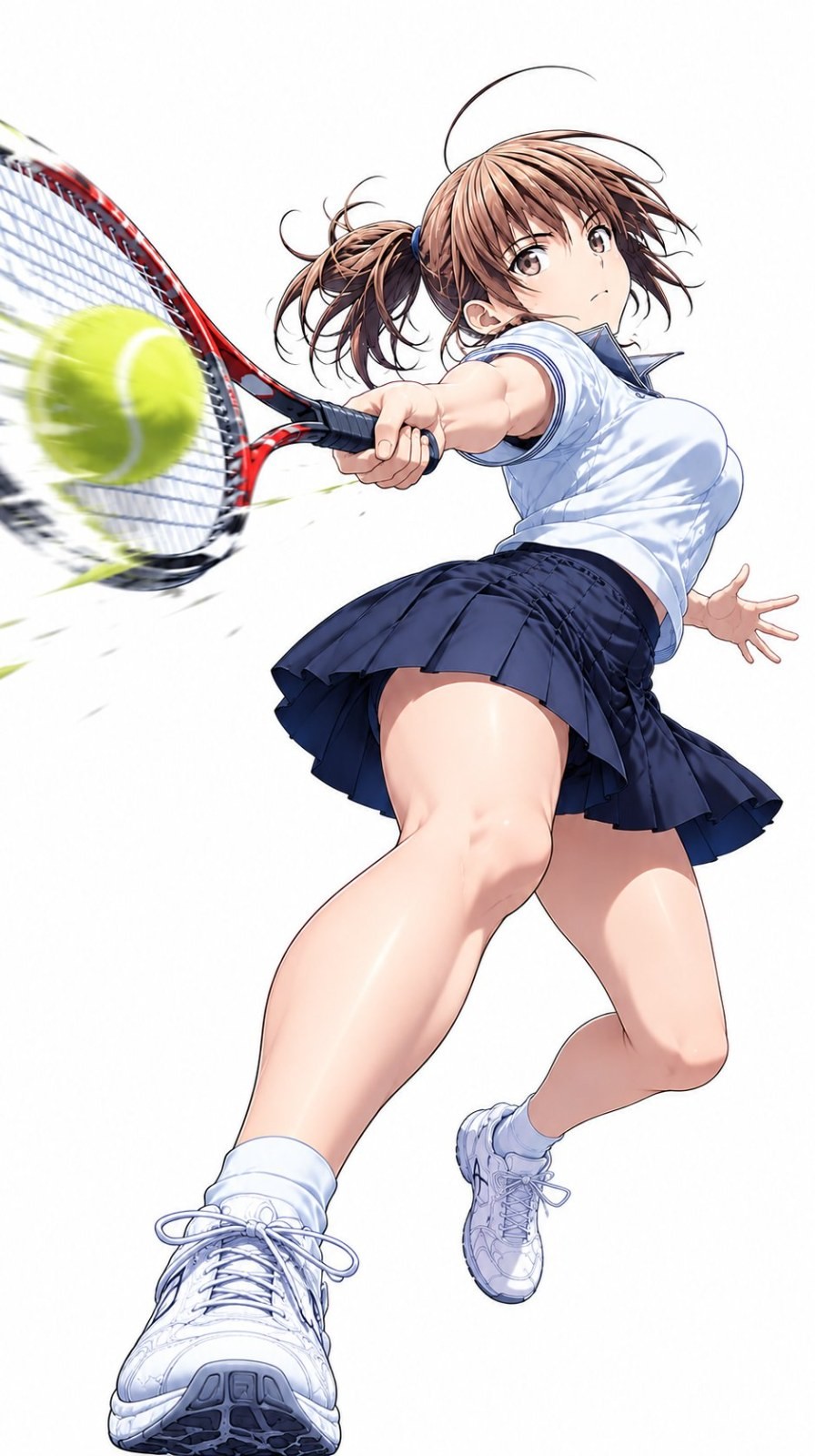 Anime-Mädchen mit kurzen braunen Haaren springt und schlägt Tennisball aus niedriger Perspektive