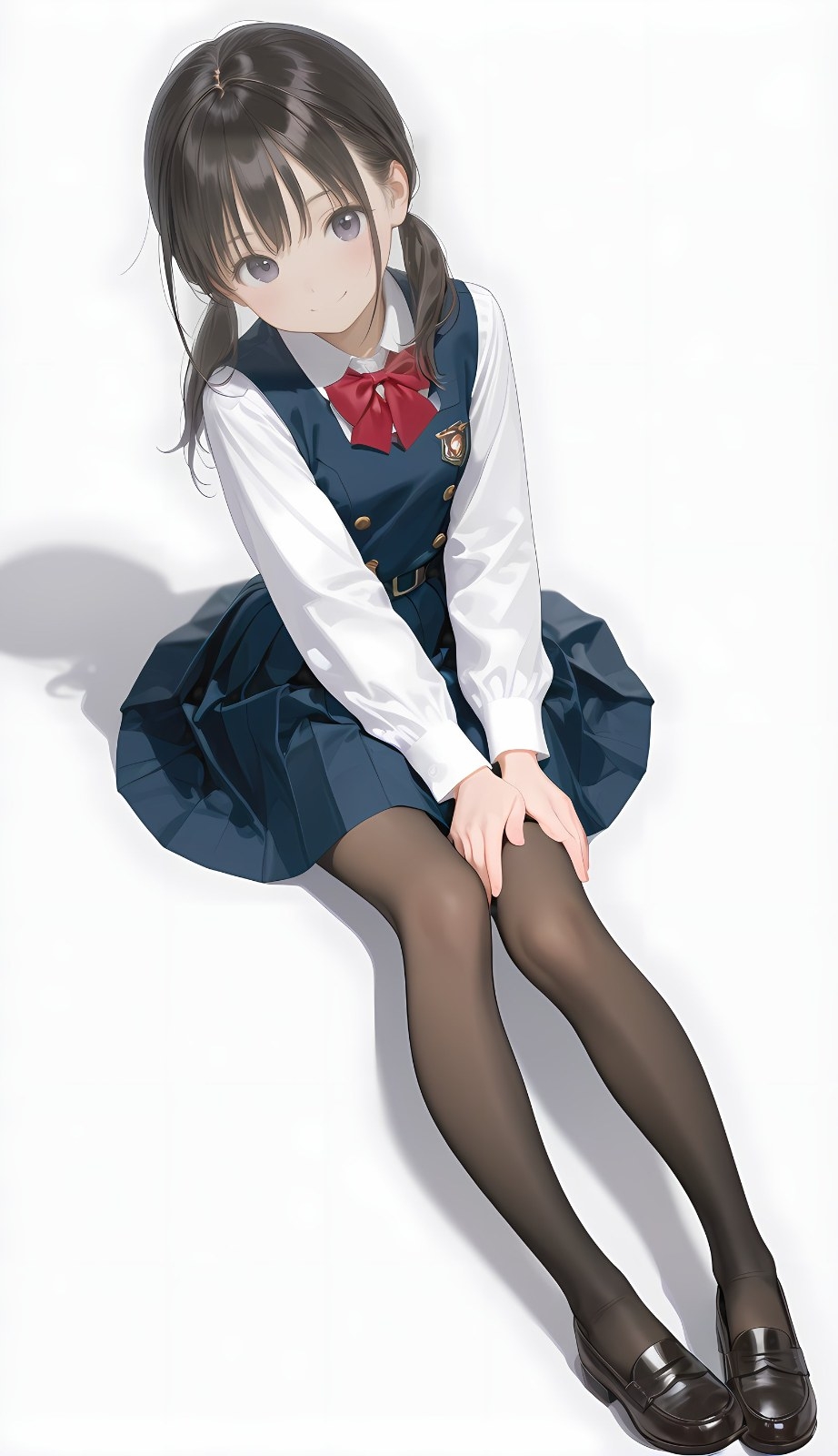 茶色ツインテールの少女が制服姿で座る全身イラスト