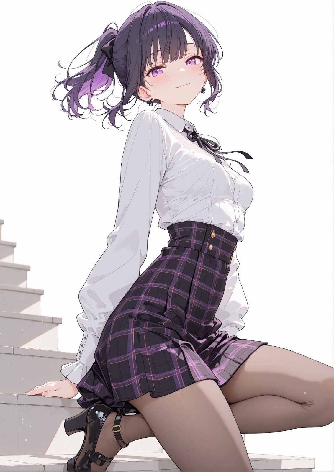 Fille aux cheveux violets en chemise blanche et jupe à carreaux violets assise sur des marches blanches