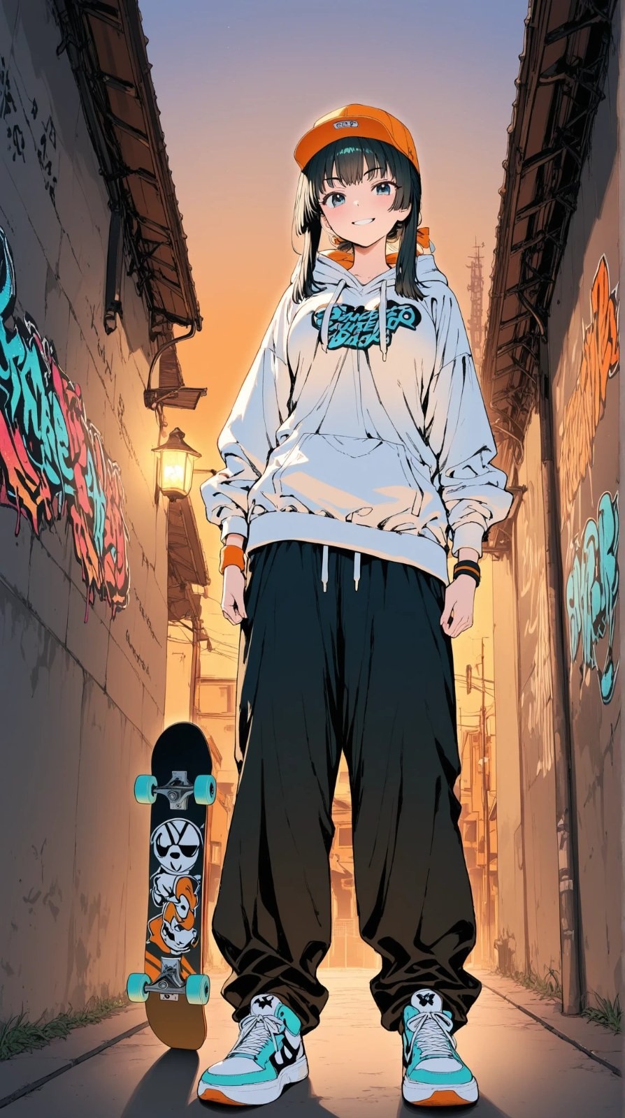 Garota anime de cabelo preto com boné laranja moletom cinza e calça preta larga em beco