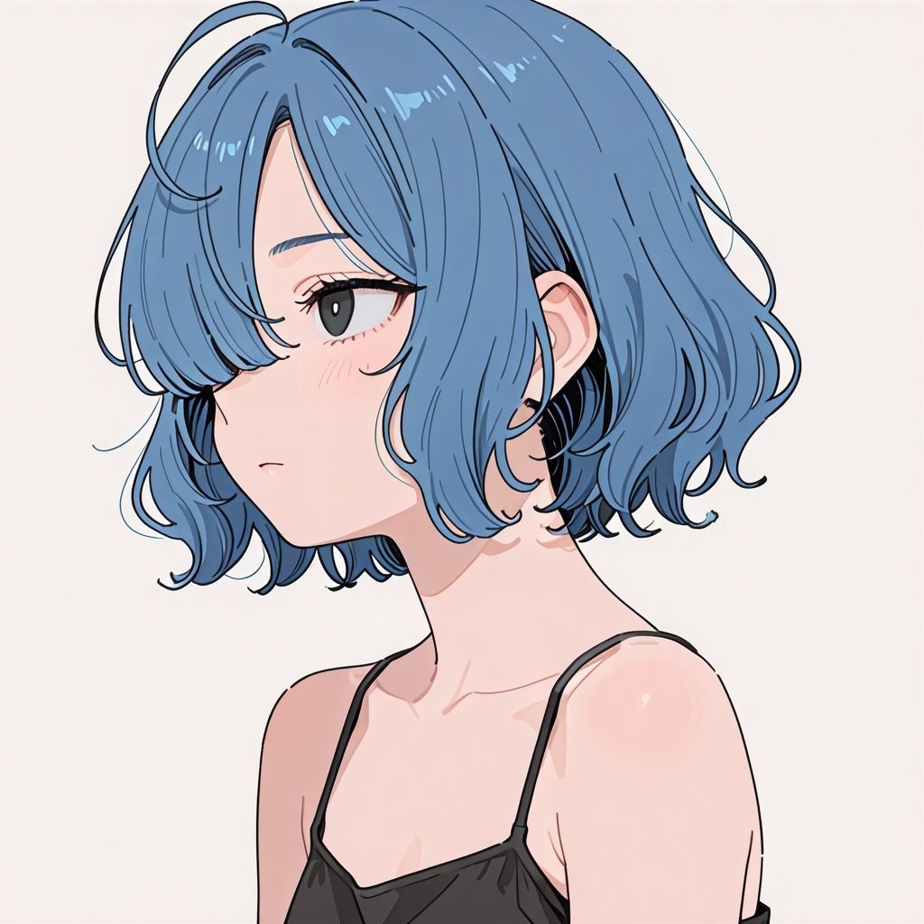 Uma ilustração no estilo anime de uma garota com cabelo curto azul lago e grandes olhos cinza claros