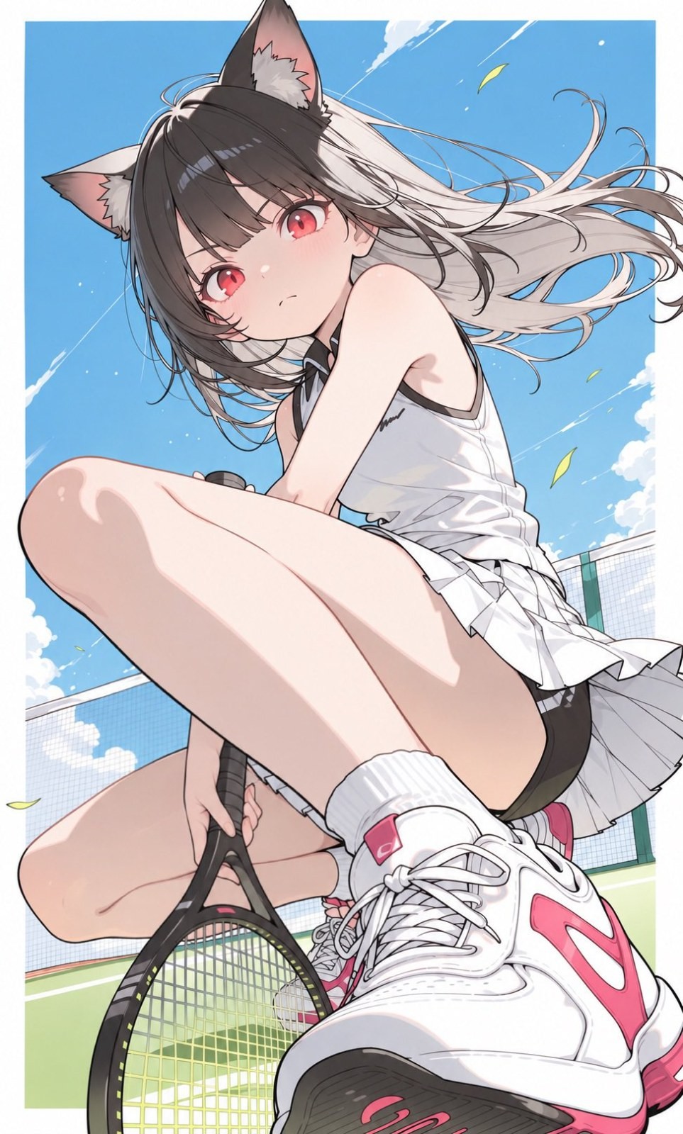 A cat-eared anime girl squats on a tennis court holding a racket