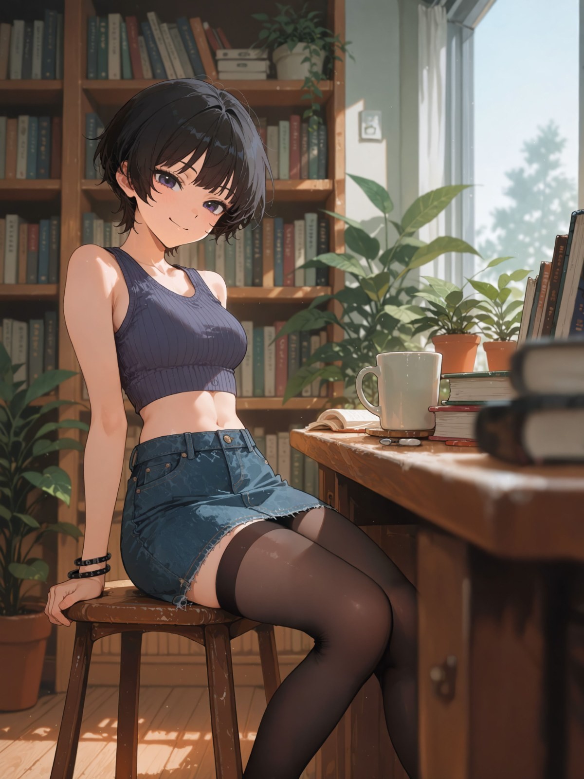 Fille aux cheveux noirs courts en haut bleu foncé et jupe en jean assise sur un tabouret