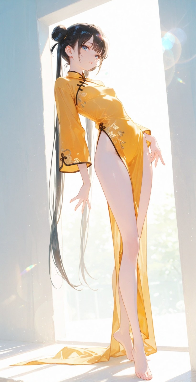 Woman with long black hair wears a bright yellow high-slit qipao, standing barefoot by a window