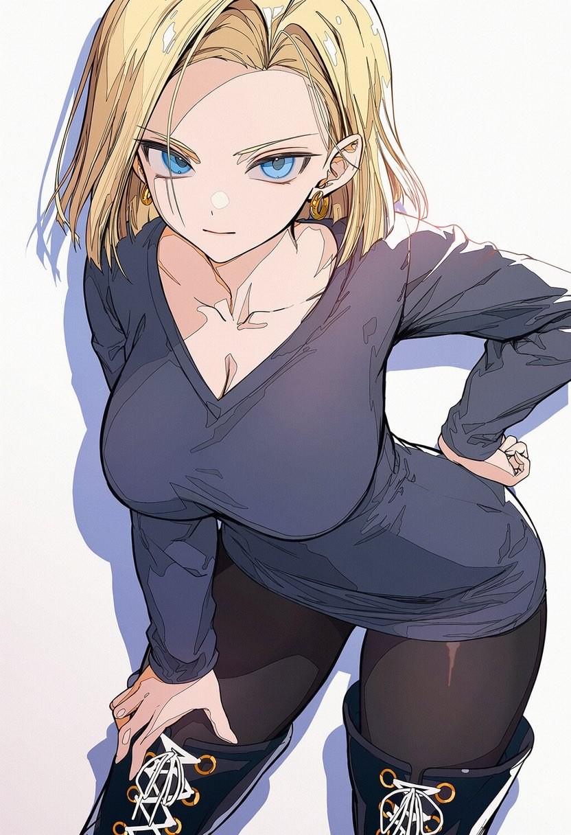 Blonde anime woman in deep V-neck long-sleeve top and black leggings poses hands on hips looking down