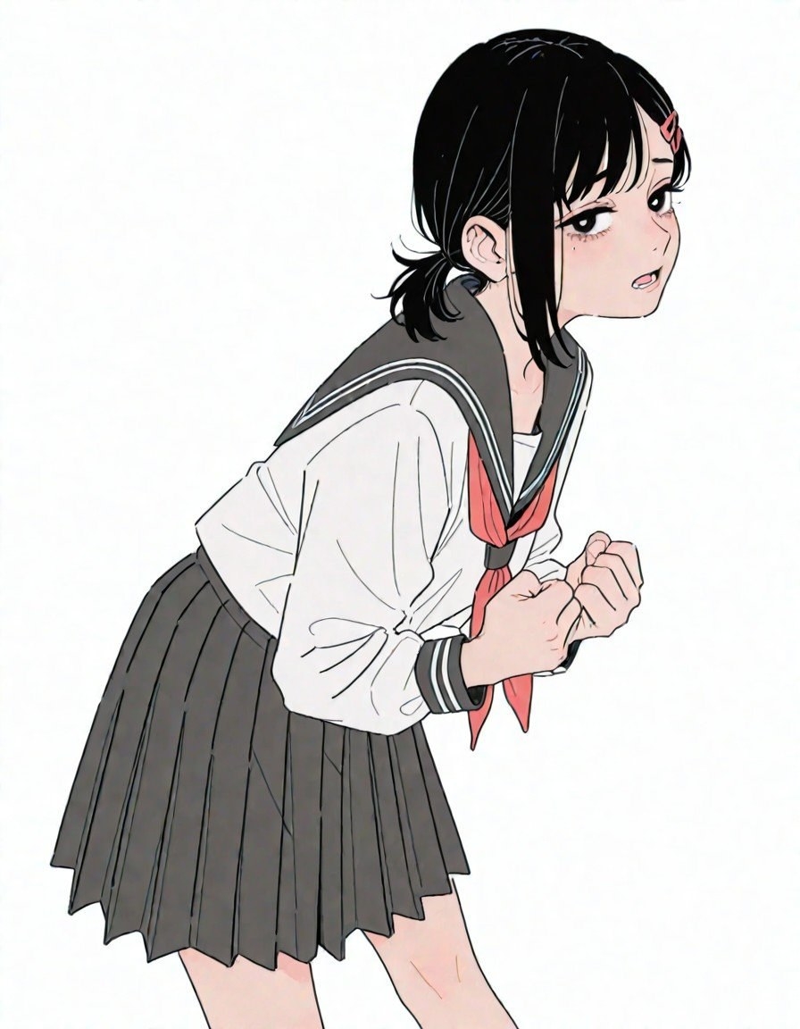 Chica anime con uniforme marinero blanco y falda plisada oscura