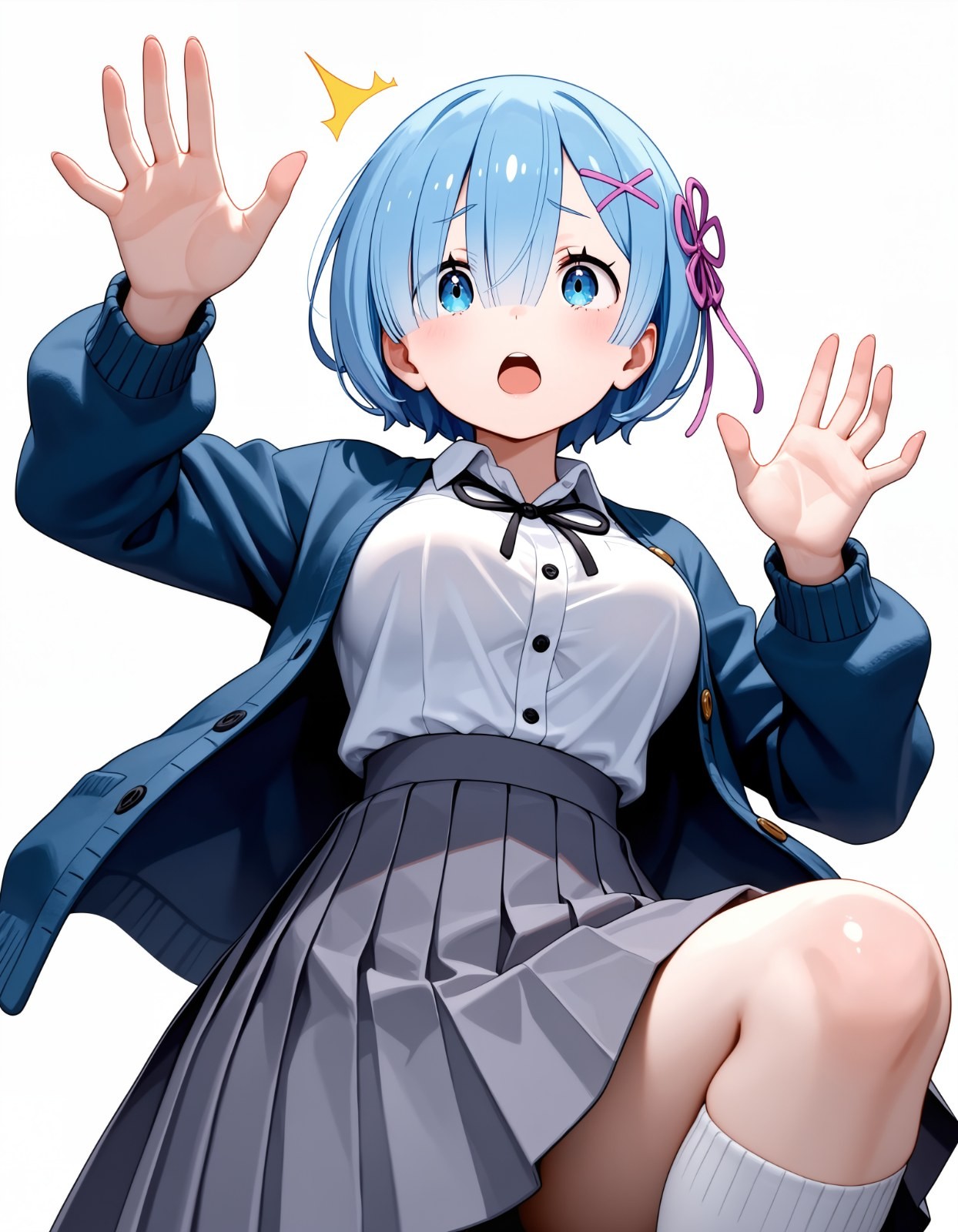 A blue-haired girl shows a surprised expression
