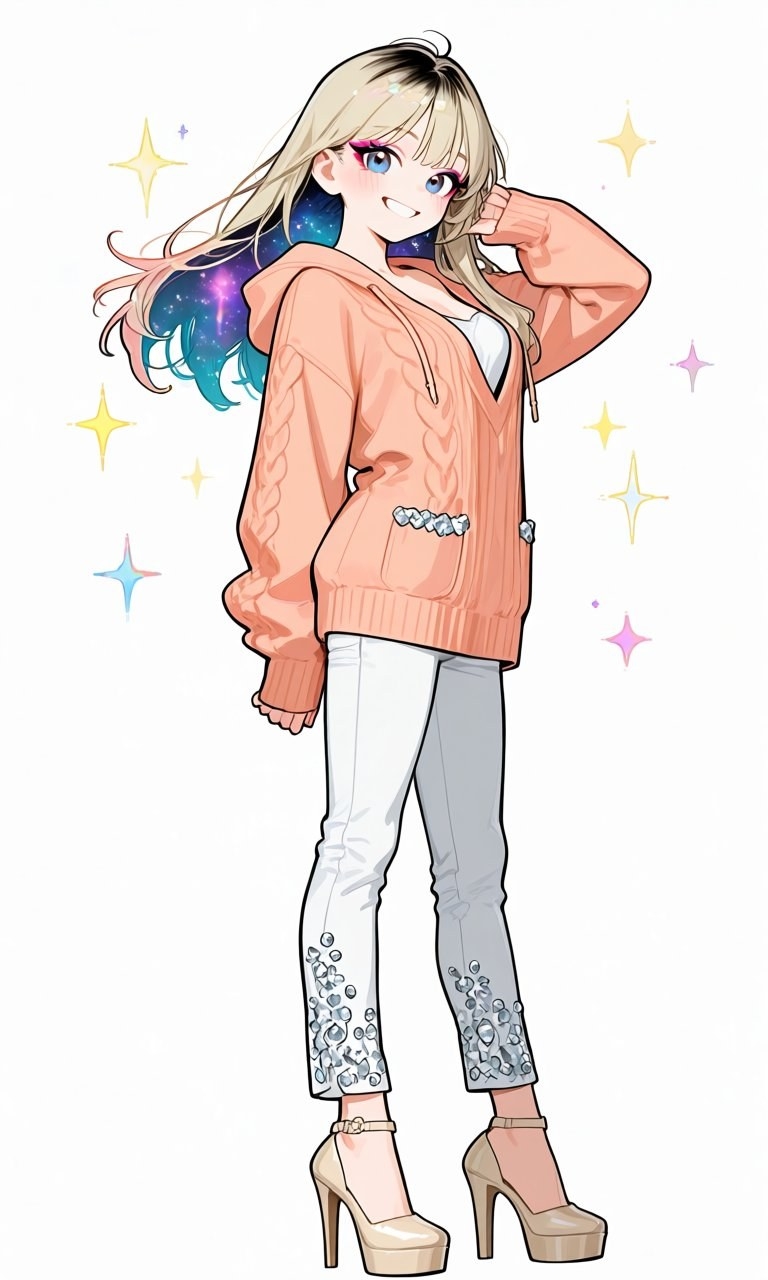 Garota anime com cabelo degradê de loiro a verde-azulado usa cardigã de tricô laranja claro e calça branca