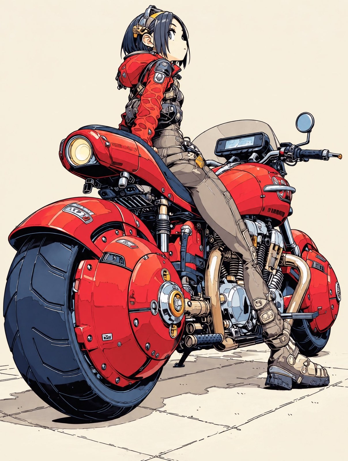 A short-haired girl in a red hoodie and khaki cargo pants sits on a red heavy motorcycle