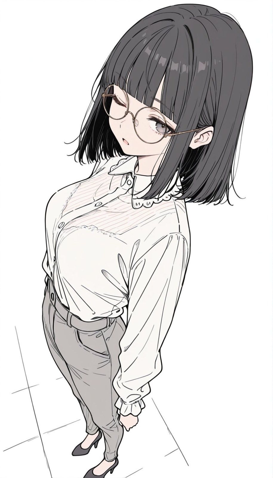 Una niña de cabello negro vistiendo una camisa blanca y pantalones grises