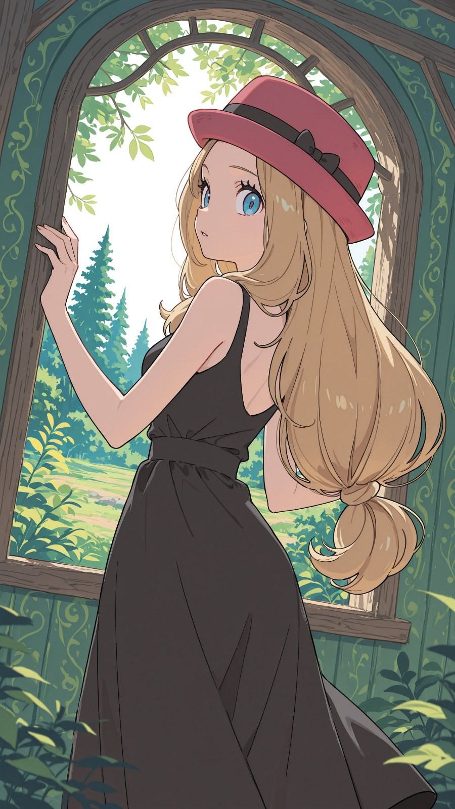 Chica rubia con vestido negro y sombrero rosa mira atrás en ventana arqueada