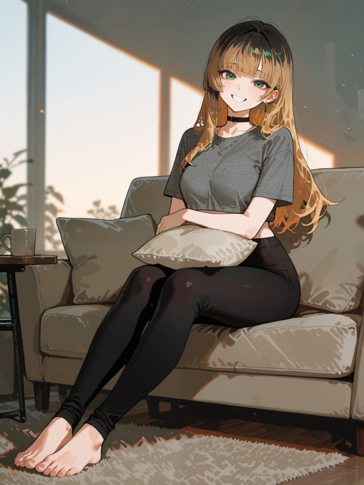 Blonde Frau sitzt auf Sofa in dunkelgrauem Top und schwarzer Leggings