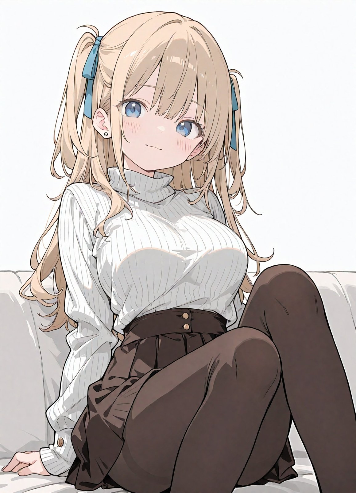 Blonde twin-tail anime girl in white turtleneck knit sweater and brown wide-leg pants sits on sofa